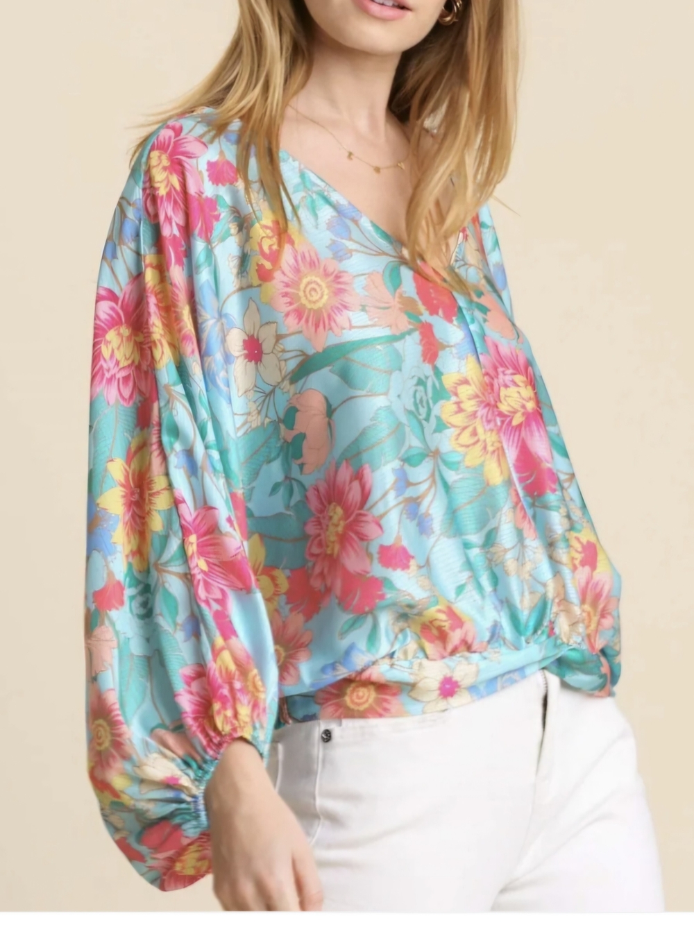 Umgee Aqua Floral V-Neck Blouse with Pink & Yellow Blooms Size L